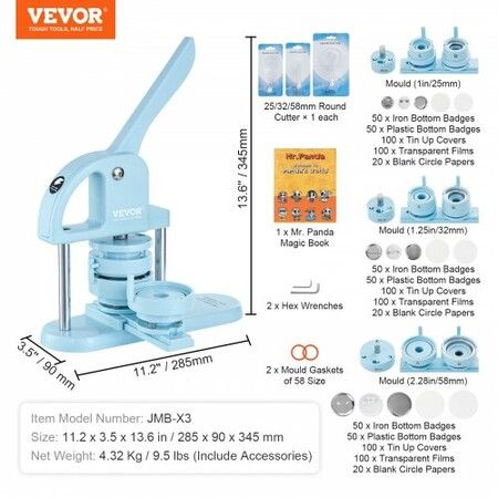 Button Maker, 1/1.25/2.28 inch(25/32/58mm) 3-IN-1 Pin Maker, 300pcs Button Parts, Button Maker Machine with Panda Magic Book, Ergonomic Arc Handle Punch Press Kit, For Children DIY Gifts, Blue