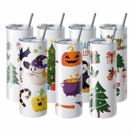 12 Pack Straight Sublimation Tumblers, 20 oz Blank Tumbler Bulk, Stainless Steel Double Wall Tumbler Cups with Straw, Lid, Brush, Base, Shrink Wrap, Gift Box, for Heat Press and Heat Transfer