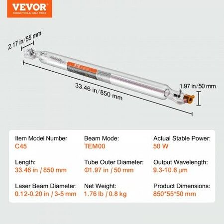 Laser Tube, 50W CO2 Laser Tube for Laser Engraver and Cutter Machine, 850 mm Length, 50 mm Diameter, Glass Laser Cutting Tube with TEM00 Beam Mode, for Wood Acrylic Fabric Leather Bamboo