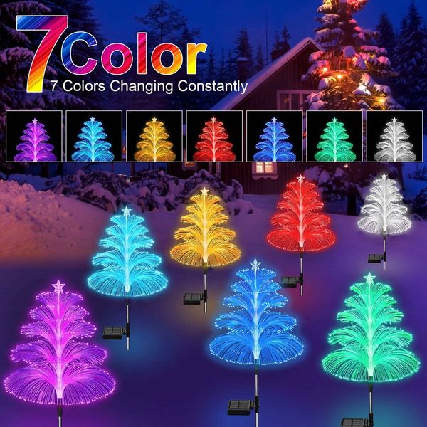 Solar Christmas Decorations Trees Lights Outdoor Waterproof Solar Christmas Tree Jellyfish Lights 5 Layer Optical Fiber 7 Color Changing,3PCS