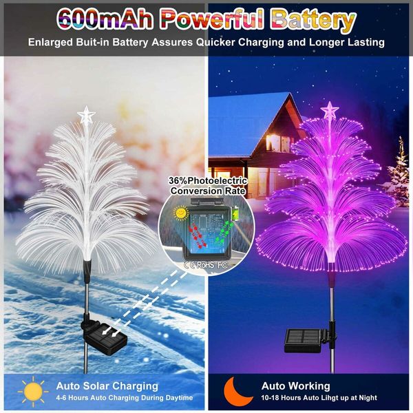 Solar Christmas Decorations Trees Lights Outdoor Waterproof Solar Christmas Tree Jellyfish Lights 5 Layer Optical Fiber 7 Color Changing,3PCS