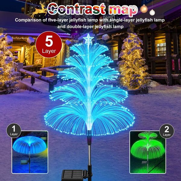 Solar Christmas Decorations Trees Lights Outdoor Waterproof Solar Christmas Tree Jellyfish Lights 5 Layer Optical Fiber 7 Color Changing,3PCS