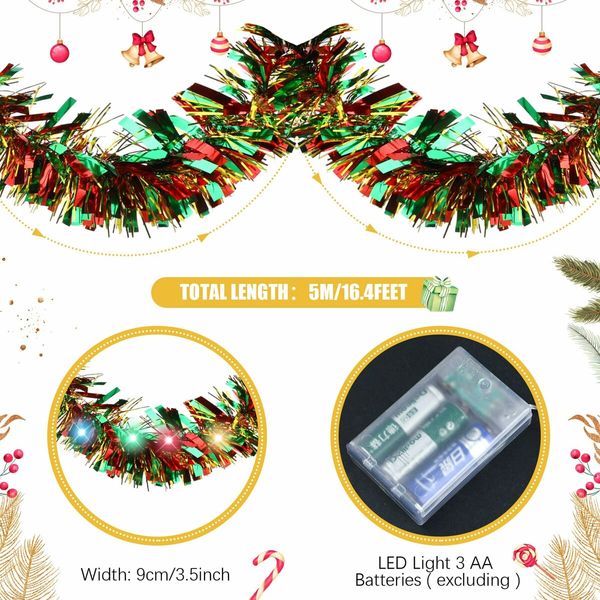5M Christmas Lighted Garland Tree Decoration Prelit Tinsel Battery Operated 54 LED Christmas Multicolor for Xmas Home