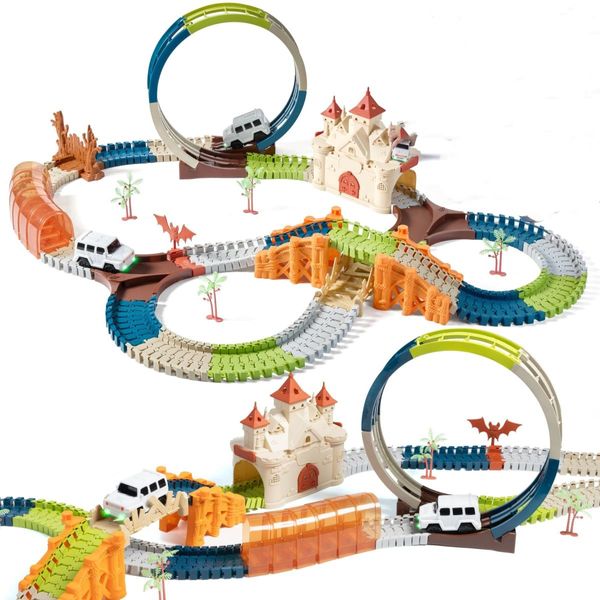 Race Track 202 Pcs Magic Castle Car Toys 360 Degree Rotating Flexible Train with Cars Kids Gift