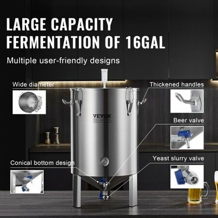 304 Stainless Steel Kettle, 16 GALLON Beer Brew Fermentor, Brew Bucket Fermentor for Brewing, Home Brewing Supplies with Base, Kettle Stock Pot Includes Lid, Handle, Valve, Spigot, Thermometer