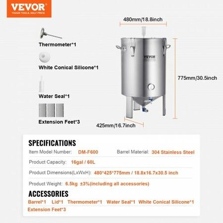 304 Stainless Steel Kettle, 16 GALLON Beer Brew Fermentor, Brew Bucket Fermentor for Brewing, Home Brewing Supplies with Base, Kettle Stock Pot Includes Lid, Handle, Valve, Spigot, Thermometer