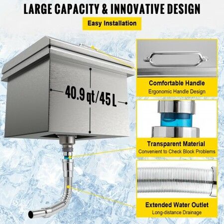 Drop in Ice Chest 20''L x 16''W x 13''H Drop in Cooler Stainless Steel with Hinged Cover Bar Ice Bin 40.9 qt Drain-pipe and Drain Plug Included for Cold Wine Beer