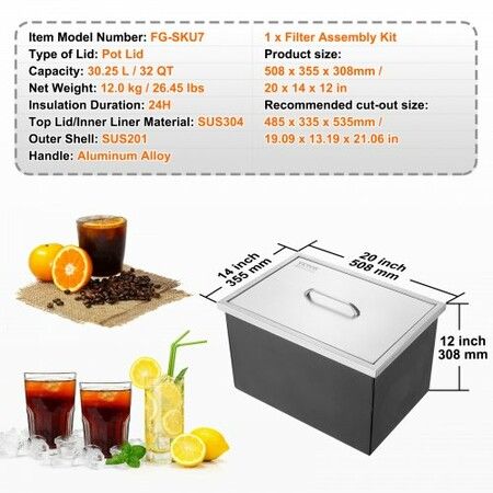 Drop in Ice Chest, 20"L x 14"W x 12"H Stainless Steel Ice Cooler, Commercial Ice Bin with Cover, 40 qt Outdoor Kitchen Ice Bar, Drain-pipe and Drain Plug Included, for Cold Wine Beer