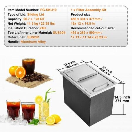 Drop in Ice Chest, 18"L x 12"W x 14.5"H Stainless Steel Ice Cooler, Commercial Ice Bin with Sliding Cover, 40.9 qt Outdoor Kitchen Ice Bar, Drain-pipe and Drain Plug Included, for Cold Wine Beer