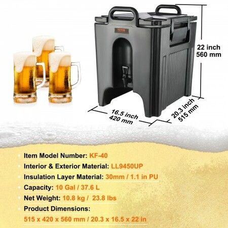 Insulated Beverage Dispenser, 37.6 L, Food-grade LL9450UP Hot and Cold Beverage Server, Thermal Drink Dispenser Cooler with 30 mm PU Layer Two-Stage Faucet Handle, for Restaurant Drink Shop