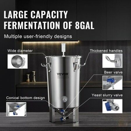 304 Stainless Steel Kettle, 8 GALLON Beer Brew Fermentor, Brew Bucket Fermentor for Brewing, Home Brewing Supplies with Base, Kettle Stock Pot Includes Lid, Handle, Valve, Spigot, Thermometer