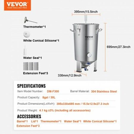 304 Stainless Steel Kettle, 8 GALLON Beer Brew Fermentor, Brew Bucket Fermentor for Brewing, Home Brewing Supplies with Base, Kettle Stock Pot Includes Lid, Handle, Valve, Spigot, Thermometer