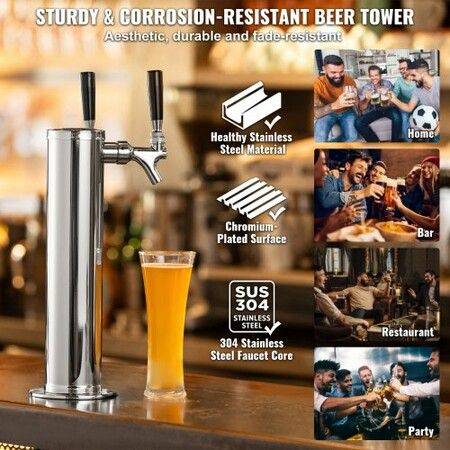 Kegerator Tower Kit, Dual Taps Beer Conversion Kit, Stainless Steel Keg Beer Tower Dispenser with Dual Gauge W21.8 Regulator & A-System Keg Coupler, Beer Drip Tray for Party Home