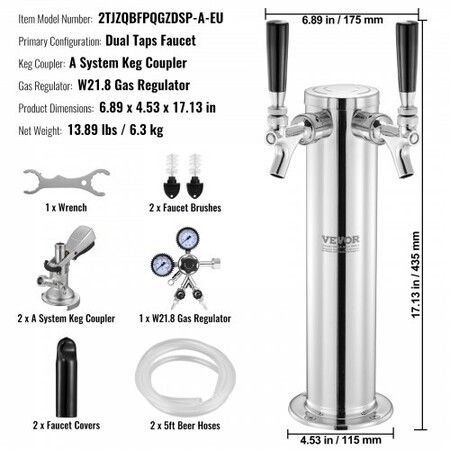 Kegerator Tower Kit, Dual Taps Beer Conversion Kit, Stainless Steel Keg Beer Tower Dispenser with Dual Gauge W21.8 Regulator & A-System Keg Coupler, Beer Drip Tray for Party Home