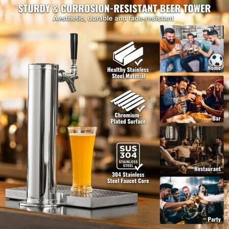 Kegerator Tower Kit, Single Tap Beer Conversion Kit, Stainless Steel Keg Beer Tower Dispenser with Dual Gauge W21.8 Regulator & A-System Keg Coupler, Beer Drip Tray for Party Home