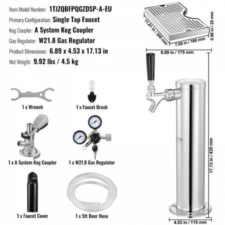 Kegerator Tower Kit, Single Tap Beer Conversion Kit, Stainless Steel Keg Beer Tower Dispenser with Dual Gauge W21.8 Regulator & A-System Keg Coupler, Beer Drip Tray for Party Home