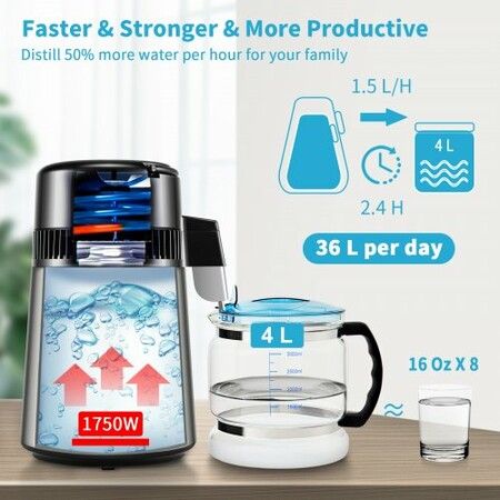 4L Water Distiller 1.5L/H Distilled Water Maker Timing Dual-Temp Silver