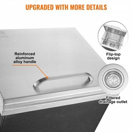 Drop in Ice Chest, 14"L x 12"W x 18"H Stainless Steel Ice Cooler, Commercial Ice Bin with Hinged Cover, 40 qt Outdoor Kitchen Ice Bar, Drain-pipe and Drain Plug Included, for Cold Wine Beer