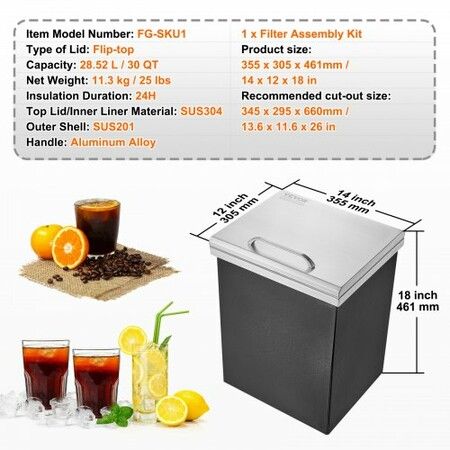 Drop in Ice Chest, 14"L x 12"W x 18"H Stainless Steel Ice Cooler, Commercial Ice Bin with Hinged Cover, 40 qt Outdoor Kitchen Ice Bar, Drain-pipe and Drain Plug Included, for Cold Wine Beer