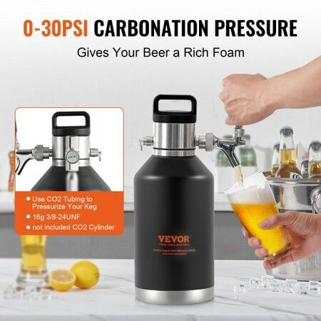 Beer Growler Tap System, 4L Mini Keg, 304 Stainless Steel Pressurized Beer Growler, Keg Growler with Pressure Display, CO2 Regulator Faucet, Leak-Proof Ring For Draft, Homebrew, Craft Beer