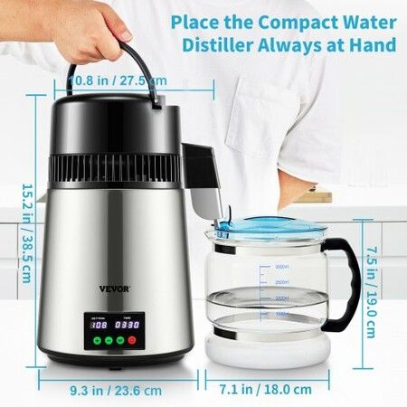 4L Water Distiller 1L/H Distilled Water Maker Timing & Temp Display Silver