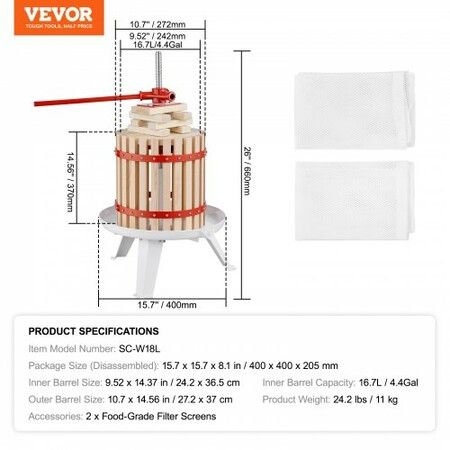 Fruit Wine Press, 4.75 Gallon/18L, Solid Wood Basket with 8 Blocks, Manual Juice Maker, Cider Apple Grape Tincture Vegetables Honey Olive Oil Making Press with Pole Handle Bar for Kitchen, Home