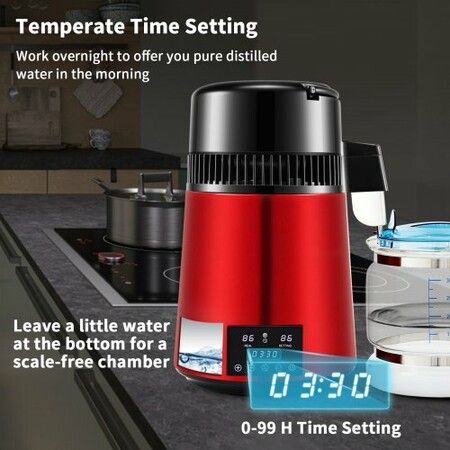 4L Water Distiller Distilled Water Maker 1 L/H w/ Timing Dual Temp Red