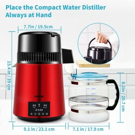 4L Water Distiller Distilled Water Maker 1 L/H w/ Timing Dual Temp Red