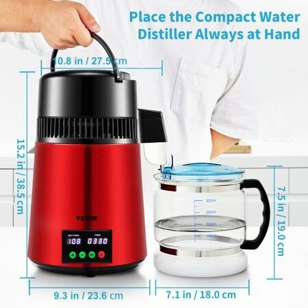 4L Water Distiller 1L/H Distilled Water Maker Timing & Temp Display Red