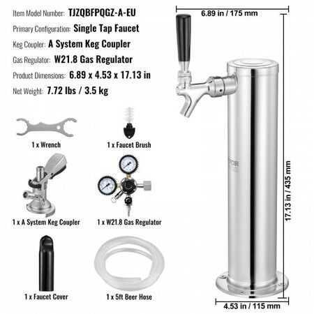 Kegerator Tower Kit, Single Tap Beer Conversion Kit, Stainless Steel Keg Beer Tower Dispenser with Dual Gauge W21.8 Regulator & A-System Keg Coupler, Beer Drip Tray for Party Home