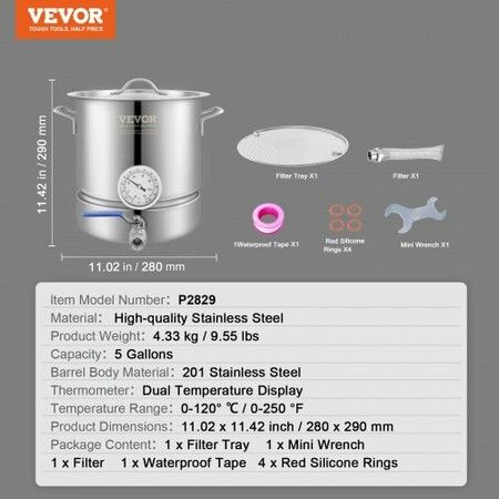 Stainless Steel Kettle, 5 GALLON Brewing Pot, Tri Ply Bottom for Beer, Brew Kettle Pot, Home Brewing Supplies Includes Lid, Handle, Thermometer, Ball Valve Spigot, Filter, Filter Tray