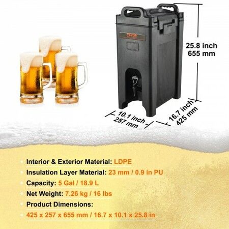 Insulated Beverage Dispenser, 18.9 L, Food-grade LDPE Hot and Cold Beverage Server, Thermal Drink Dispenser Cooler with 23 mm PU Layer Two-Stage Faucet Handle, for Restaurant Drink Shop