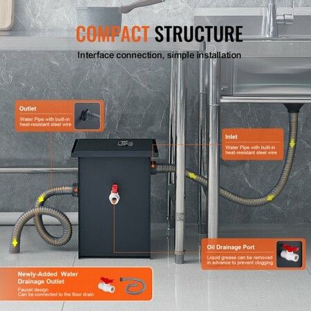 Commercial Grease Trap, 8 LBS Grease Interceptor, Side Inlet Interceptor, Under Sink Carbon Steel Grease Trap, 4.6 GPM Waste Water Oil-water Separator, for Restaurant Canteen Home Kitchen