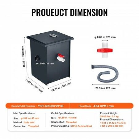 Commercial Grease Trap, 8 LBS Grease Interceptor, Side Inlet Interceptor, Under Sink Carbon Steel Grease Trap, 4.6 GPM Waste Water Oil-water Separator, for Restaurant Canteen Home Kitchen