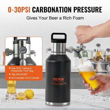 Beer Growler Tap System, 64Oz 1.89L Mini Keg, 304 Stainless Steel Pressurized Beer Growler, Keg Growler with Pressure Display, CO2 Regulator Faucet, Leak-Proof Ring For Draft Homebrew Craft Beer