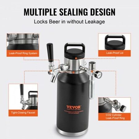 Beer Growler Tap System, 64Oz 1.89L Mini Keg, 304 Stainless Steel Pressurized Beer Growler, Keg Growler with Pressure Display, CO2 Regulator Faucet, Leak-Proof Ring For Draft Homebrew Craft Beer