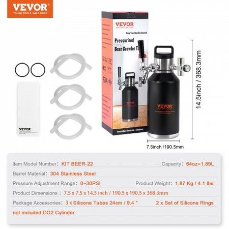 Beer Growler Tap System, 64Oz 1.89L Mini Keg, 304 Stainless Steel Pressurized Beer Growler, Keg Growler with Pressure Display, CO2 Regulator Faucet, Leak-Proof Ring For Draft Homebrew Craft Beer