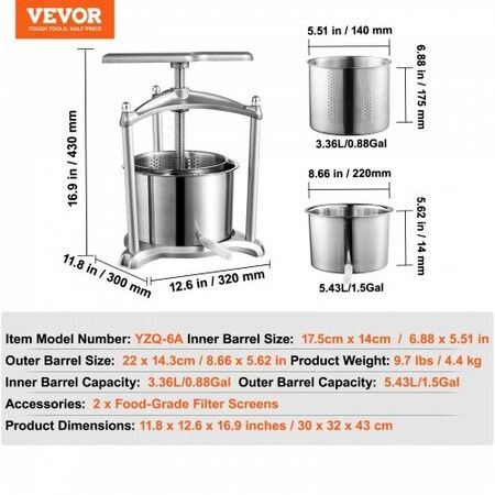 Fruit Wine Press, 1.6 Gallon/6L, 2 Stainless Steel Barrels, Manual Juice Maker, Cider Apple Grape Tincture Vegetables Honey Olive Oil Making Press with T-Handle, Triangular Structure for Kitchen