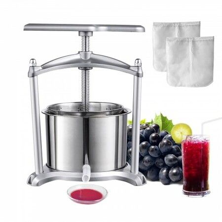 Fruit Wine Press, 1.6 Gallon/6L, 2 Stainless Steel Barrels, Manual Juice Maker, Cider Apple Grape Tincture Vegetables Honey Olive Oil Making Press with T-Handle, Triangular Structure for Kitchen