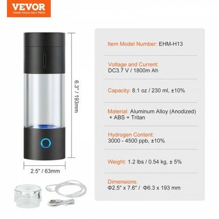Hydrogen Water Bottle Generator, 230 ml / 8.1 oz Capacity Portable Hydrogen Water Maker, SPE Technology Hydrogen Rich Water Ionizer Machine with Nasal Inhalation Tube and Self-Cleaning