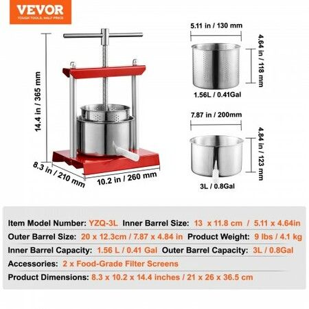 Fruit Wine Press, 0.8 Gallon/3L, 2 Stainless Steel Barrels, Manual Juice Maker, Cider Apple Grape Tincture Vegetables Honey Olive Oil Making Press with T-Handle for Outdoor, Kitchen, and Home