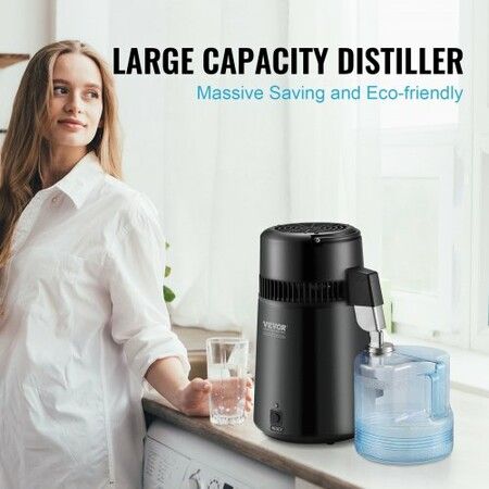 Water Distiller, 4L 1.05 Gallon Pure Water Purifier Filter For Home Countertop, 750W Distilled Water Maker, Stainless Steel Interior Distiller Water Making Machine to Make Clean Water, Black