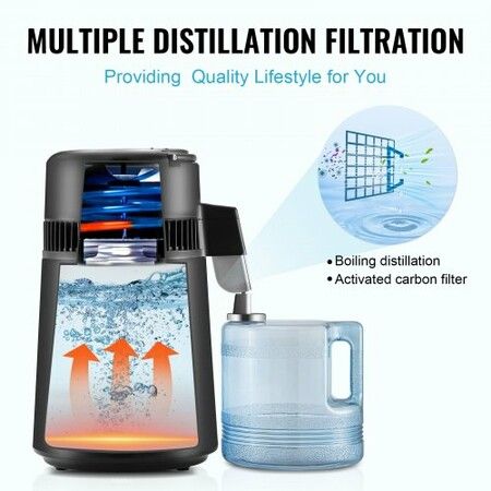 Water Distiller, 4L 1.05 Gallon Pure Water Purifier Filter For Home Countertop, 750W Distilled Water Maker, Stainless Steel Interior Distiller Water Making Machine to Make Clean Water, Black