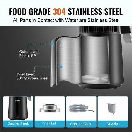 Water Distiller, 4L 1.05 Gallon Pure Water Purifier Filter For Home Countertop, 750W Distilled Water Maker, Stainless Steel Interior Distiller Water Making Machine to Make Clean Water, Black