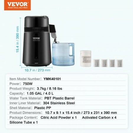 Water Distiller, 4L 1.05 Gallon Pure Water Purifier Filter For Home Countertop, 750W Distilled Water Maker, Stainless Steel Interior Distiller Water Making Machine to Make Clean Water, Black