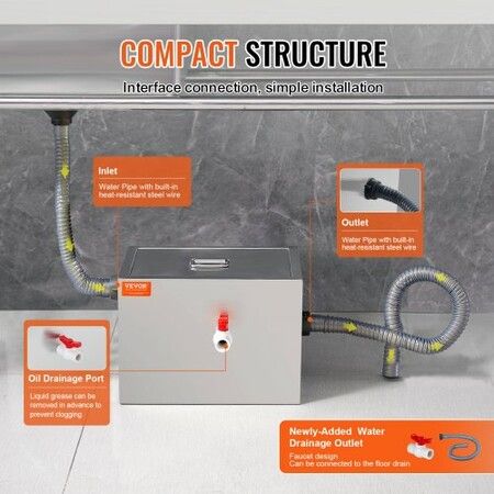 Commercial Grease Trap, 8 LBS Grease Interceptor, Side Inlet Interceptor, Under Sink Stainless Steel Grease Trap, 2.8 GPM Waste Water Oil-water Separator, for Restaurant Canteen Home Kitchen