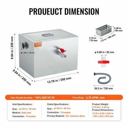 Commercial Grease Trap, 8 LBS Grease Interceptor, Side Inlet Interceptor, Under Sink Stainless Steel Grease Trap, 2.8 GPM Waste Water Oil-water Separator, for Restaurant Canteen Home Kitchen