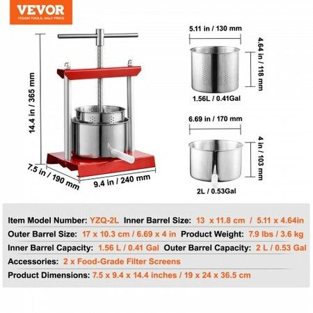 Fruit Wine Press, 0.53 Gallon/2L, 2 Stainless Steel Barrels, Manual Juice Maker, Cider Apple Grape Tincture Vegetables Honey Olive Oil Making Press with T-Handle for Outdoor, Kitchen, and Home