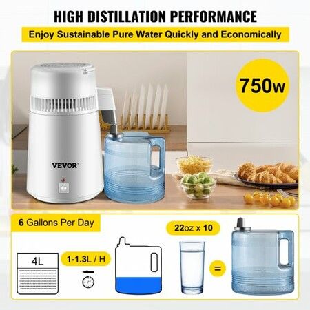 Water Distiller Purifier Pure Water Distiller Filters Water Distillation 4L Internal Stainless Steel with Collection Bottle