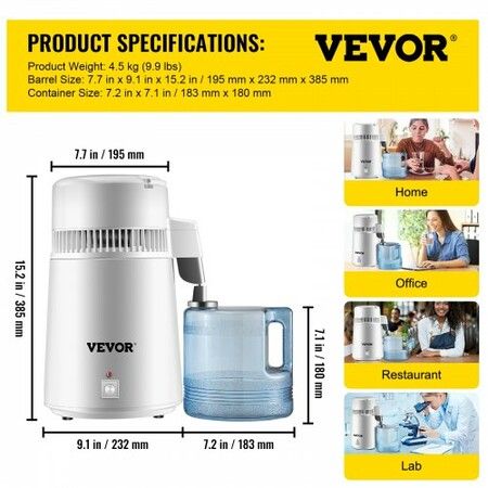 Water Distiller Purifier Pure Water Distiller Filters Water Distillation 4L Internal Stainless Steel with Collection Bottle